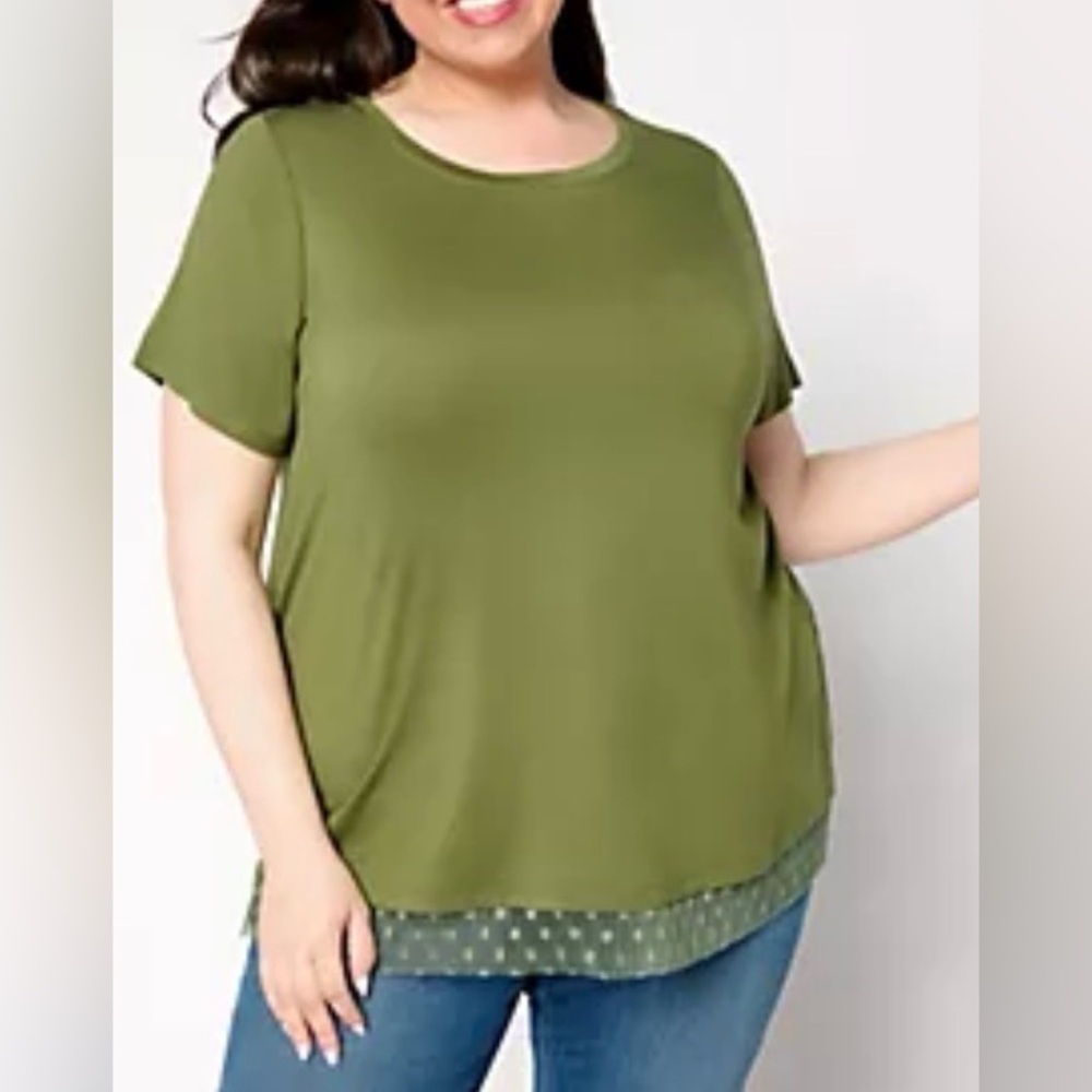 LOGO Layers by Lori Goldstein Short Sleeve Green Tee Mesh Hem Women’s Large